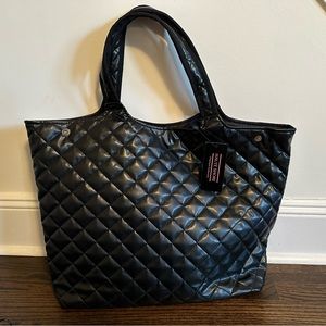 NWT HAUTE SHORE BLACK VEGAN LEATHER ICON QUILTED LARGE TOTE CONVERTIBLE 2 WAYS